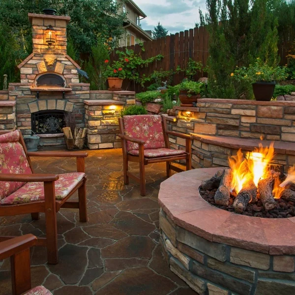 Rustic backyard patio with stone firepit, built-in pizza oven, and seating area created for outdoor entertaining.
