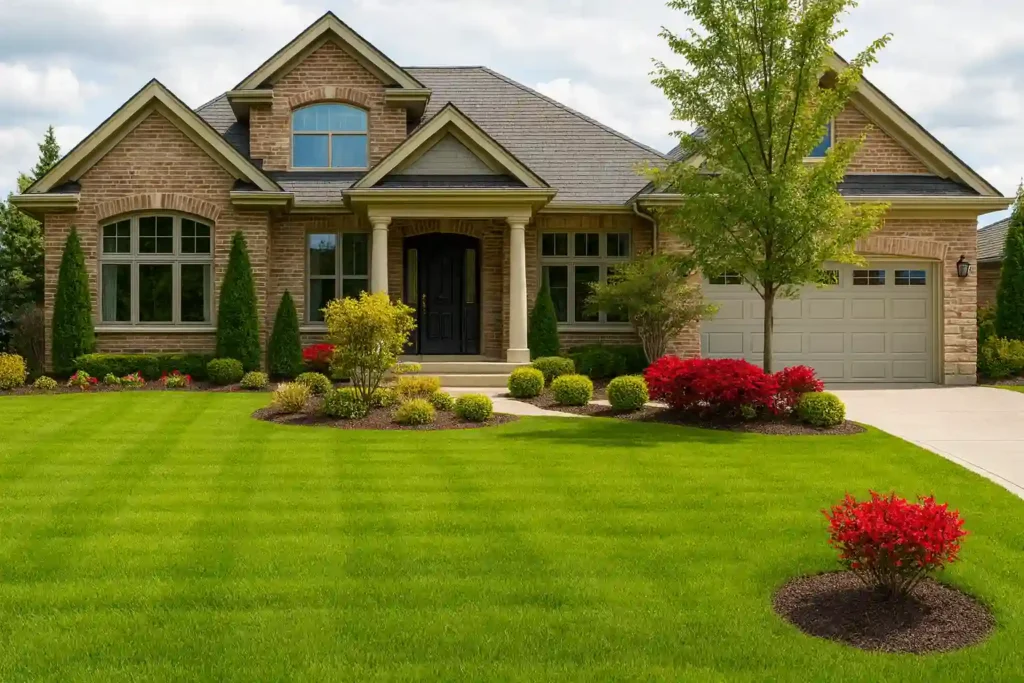 a beautifully designed front lawn with strong, healthy grass
