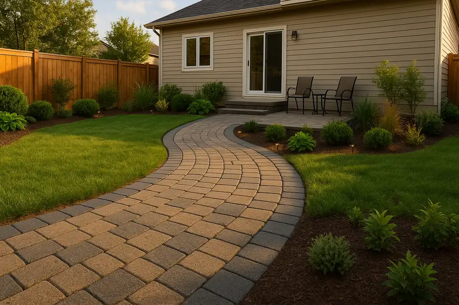 Curved warm-grey paver stone walkway in an Ontario backyard leading to a raised patio.