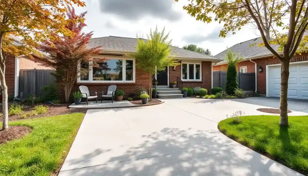a well structured concrete driveway in the front of a canadian home