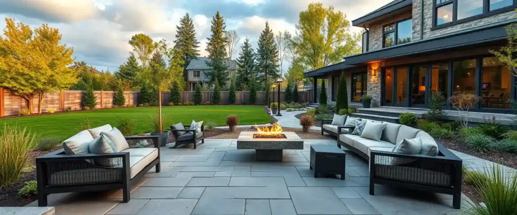 a modern firepit design in the backyard of a modern canadian backyard