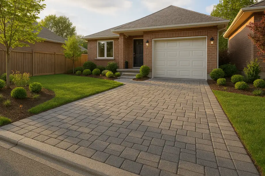 A newly installed interlocking stone driveway leading to a brick home, with fresh landscaping and a smooth, modern curb appeal.