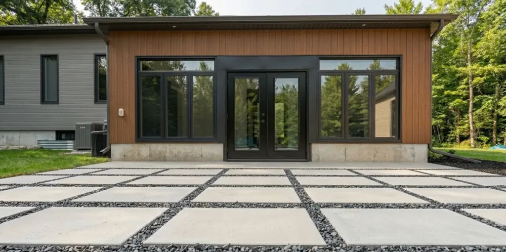 Interlocking paver driveway and curved walkway leading to a rural Ontario home with clean landscaping and modern farmhouse design
