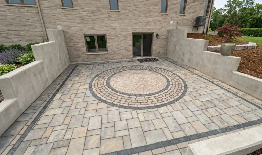 Circular interlocking paver patio with detailed pattern installed beside a residential home in Ontario
